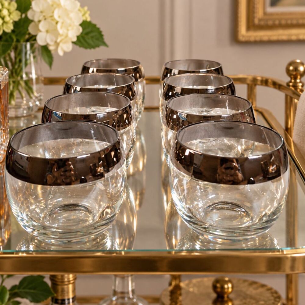 Vtg 1950s Vitreon Queens Lusterware Roly Poly Glasses Set 8 Silver MCM